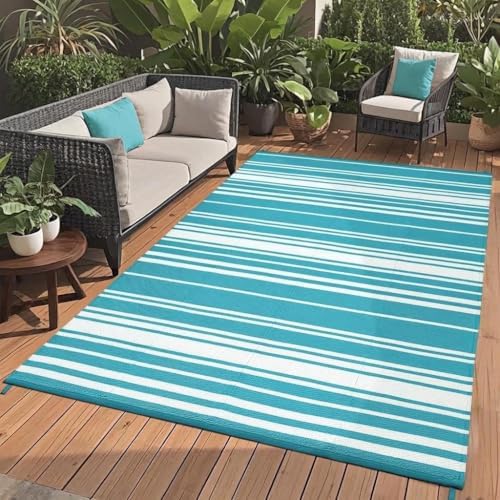 GAOMON 8x10 Modern Lines Reversible Outdoor Rug Waterproof Geometric Striped Plastic Straw Outdoor Rug UV-Resistant Portable Outdoor Large Carpet Mat for Camping Patio Balcony Picnic Teal White by GAOMON