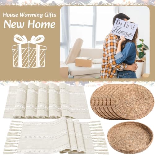 Long Table Runner and Round Woven Placemats Set, 6 Sets, Beige - Image 7