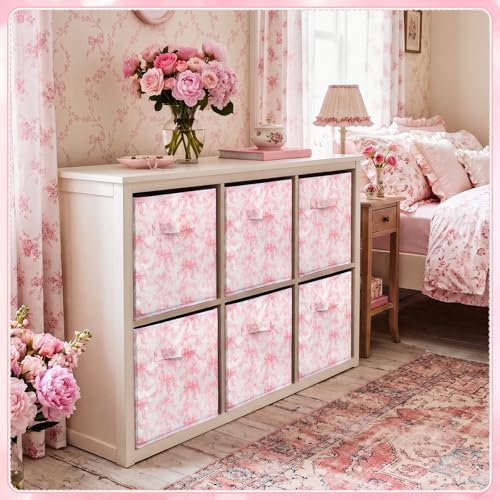 Geelin 6 Pcs Pink Floral Bow Cube Storage Bins 11 in Basket with Handle - Image 5