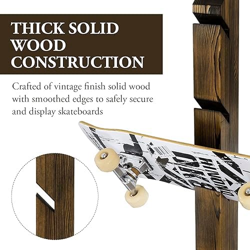 MyGift Modern Wall Mounted Rustic Burnt Solid Wood Skateboard Display Rack, Hanging Longboard Storage Organizer with Diagonal Cutout Slots, Holds 6 Boards - Image 2