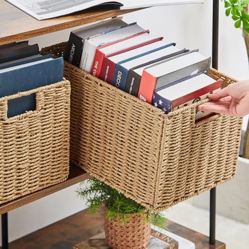 Vagusicc Wicker Storage Basket, Set of 2 Hand-Woven Paper Rope Wicker Basket, Small Storage Baskets for Organizing Toilet Paper Basket, Foldable Large Cube Storage Organizer Bins for Shelves (Natural) - Image 6