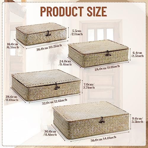 Didaey Set of 4 Seagrass Basket with Lid Wicker Storage Basket Decorative Storage Boxes with Lids Flat Storage Bins Woven Organizer Baskets for Shelf Closet Bedroom, 4 Sizes (White) - Image 2