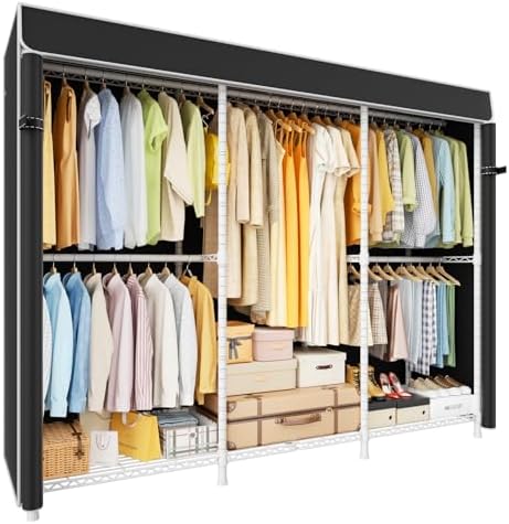 ULIFHOME E14C Pro Heavy Duty Closet Organizer System，Freestanding Clothing Racks for Hanging Clothes，Adjustable Garment Rack 69" W × 16" D × 77" H Hold 960 lbs，White Rack with Black Dustproof Cover by UlifHome
