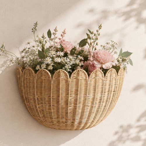 Scalloped Wall Basket, Wicker Wall Baskets, Hanging Wicker Basket, Handwoven Wall Mounted Storage Basket - 15.76 x 10 x 7 Inch, for Bathroom Bedroom Kitchen Entryway Decor by Unknown