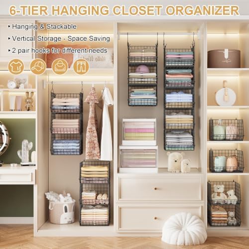 6 Tier Closet Hanging Organizer, Clothes Hanging Shelves with 4 Hanging Hooks 5 S Hooks, Wire Storage Basket Bins, for Clothing Sweaters Shoes Handbags Clutches Accessories Patent Design-Black - Image 4