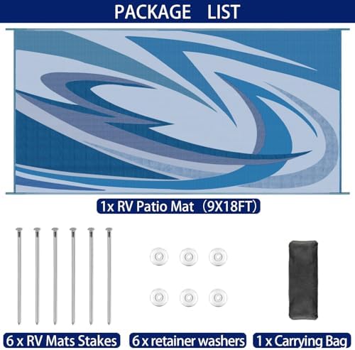 EEZ RV Products 9'x18' Heavy Duty Reversible/Durable Outdoor Patio/RV Mats Come with Large Storage Bag & 6 Sets of Stakes and Washer (Wave Blue) - Image 4