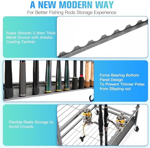 PeBro Fishing Pole Holders, Fishing Rod Holders for Garage, Fishing Rod Holder for Fishing Rod Tackle Box Reel Storage, All-In-One Fishing Rod Rack with Hooks and Wheels - Image 4