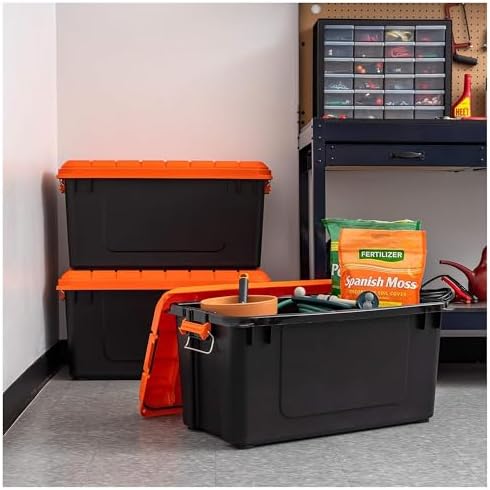 IRIS USA 21 Gallon Heavy-Duty Plastic Storage Bins, Store-It-All Container Totes with Durable Lid and Secure Latching Buckles, Garage and Metal Rack Organizing, Black/Orange, 3 Pack - Image 2