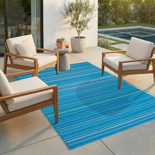 FH Home Outdoor Rug - Waterproof, Fade Resistant, Reversible - Premium Recycled Plastic - Striped - Large Patio, Deck, Sunroom, Camping, RV - Havana - Turquoise Crease Free - 6 x 9 ft by FHHome