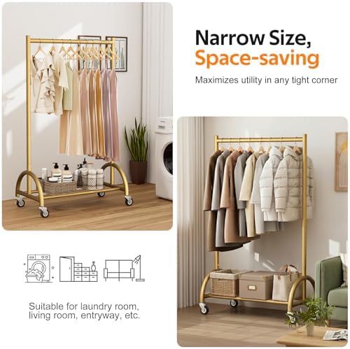 MISSLO Heavy Duty Clothing Rack with Wheels Rolling Clothes Racks for Hanging Clothes, Coats, Garment, Dress, Gold, 30" W - Image 4