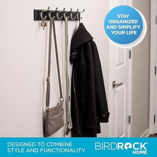 BIRDROCK HOME Oval Hook Coat and Hat Rack | 6 Hooks | 2 Pack | Wall Mount | Black Finish | Satin Nickel Hooks - Image 4
