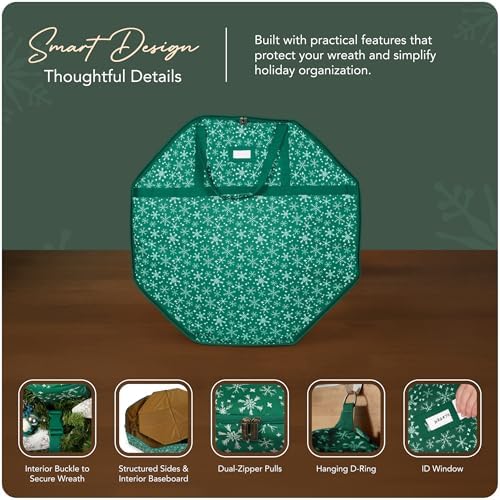 Covermates Keepsakes Deluxe Wreath Storage Bag – Heavy-Duty Polyester with Buckle Strap & Structured Interior – Protective Holiday Organizer with Handles, D-Ring & Label Window, Green Snowflake - Image 4