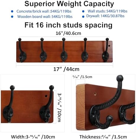 WEBI Rustic Coat Rack Wall Mount,5 Cast Iron Coat Hooks Wall Mounted,Heavy Duty Wood Wall Coat Hanger Hooks for Hanging Coats,Jacket,Clothes,Backpack,Farmhouse,Cherry,2 Packs - Image 2