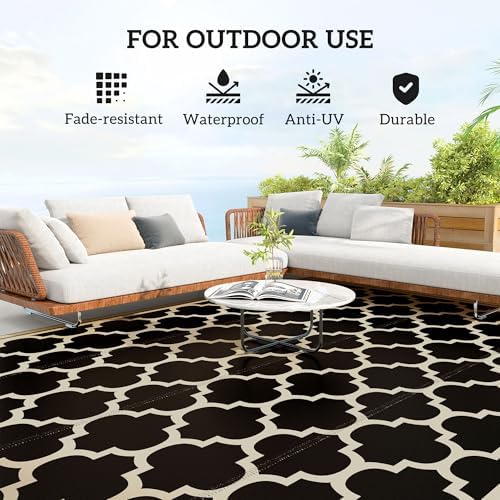 Outsunny 9' x 12' Reversible Outdoor Rug, Black & Beige - Image 4