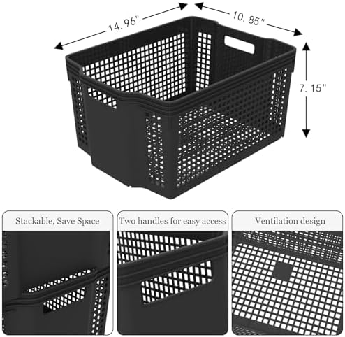 Large Stackable Woven Plastic Basket, 6-Pack Storage Bins - Image 2