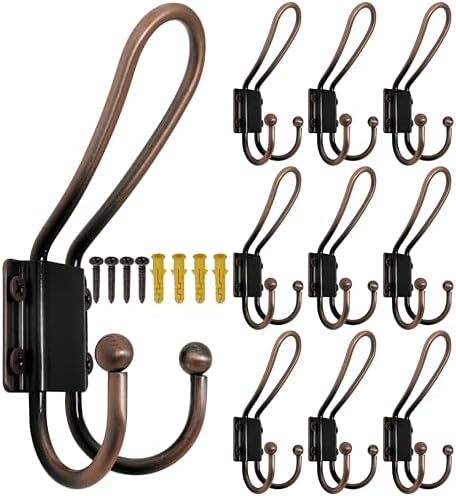 WEBI Coat Hooks Wall Mount,5 mm Thick,10 Large Rustic Triple Hooks,Heavy Duty Metal Vintage Backpack Wall Hooks for Hanging Clothes,Robe,Towel,Closet,Farmhouse,Mudroom,Antique Copper by WEBI