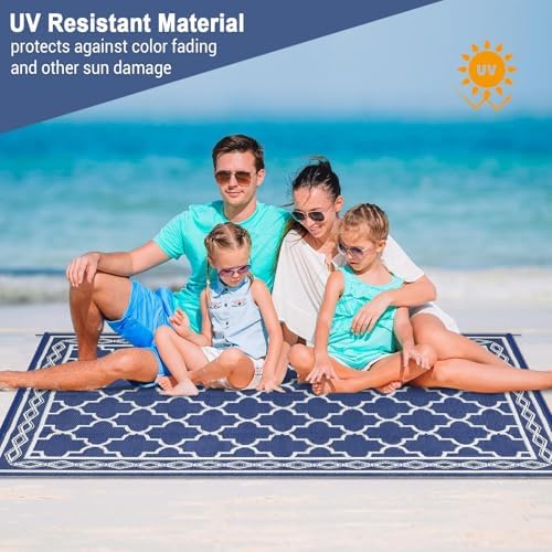 GAOMON Outdoor Rug Waterproof 8'x10', Reversible Outdoor Plastic Straw Rug, Boho Patio Rug, Indoor Outdoor Carpet, RV Mat Outside for Patio, Camp, Picnic, Balcony, Deck, Navy/White(Geometric) - Image 6