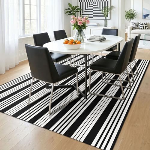 KOZYFLY 5x7 ft Area Rug Black and White Rug Woven Washable Striped Rugs - Image 2