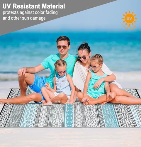 GlowSol Outdoor Rugs 9x12 Waterproof Portable Camping Carpet, Reversible Outdoor Plastic Straw Rug for Patio, RV Mat Bohemian Outdoor Rugs for Porch, Deck, Backyard, Balcony, Picnic,Blue/Grey - Image 5