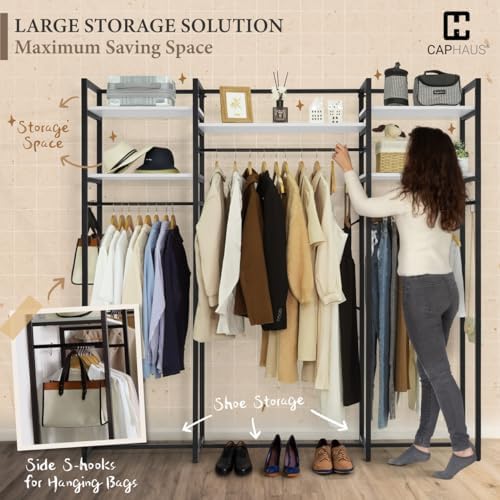 CAPHAUS 913lbs Capacity Garment Rack for Hanging Clothes, Heavy Duty Open Wardrobe w/Hanging Rods, Free Standing Closet Organizer, Clothing Rack, Metal Closet w/Wooden Boards, Rustic Oak Board - Image 4