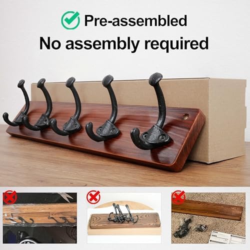 WEBI Rustic Coat Rack Wall Mount,5 Cast Iron Coat Hooks Wall Mounted,Heavy Duty Farmhouse Wood Coat Hanger Wall Antique Vintage Hooks for Hanging Jacket,Clothes,Backpack,Cherry,2 Packs - Image 5