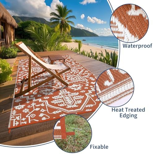 Outdoor Plastic Straw Rug 9x18 Large Vintage Medallion Waterproof Rug for Patio Outside Floor Mat Lightweight Reversible Outdoor Rugs for RV Beach Camping Backyard Deck Picnic, Orange - Image 5