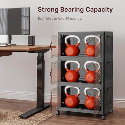 UAMFURI Stackable Storage Bins with Lids & Wheels & Door, Foldable Collapsible Closet Organizers, Extra Large Plastic Storage Drawers for Bedroom Dorm Office Garage (Dark-52qt, 3Pack with 1 top lid) - Image 6