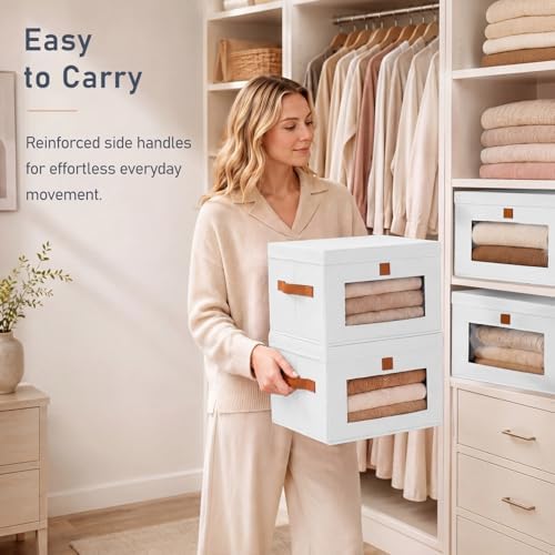DIMJ Storage Bins with Lids - 6 Pack Front Opening Stackable Fabric Storage Boxes with Clear Window & Handles, Collapsible Closet Organizers for Clothes, Sweaters, Shelf Storage, Bedroom, White - Image 5
