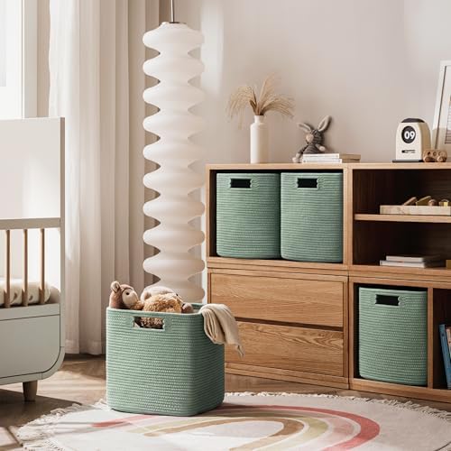 UBBCARE Set of 4 Storage Basket-13 X 13 X 13 In, Cotton Rope Basket for Shelves, Toys, Book, Cube Storage Bins with Handles, Woven Storage Basket for Organizing, Green - Image 5