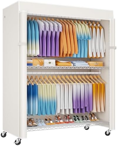 ULIFHOME P8C Max Heavy Duty Clothes Rack（With Extended Width Design） Rolling Clothing Racks for Hanging Clothes with Lockable Wheels，51.2"W x 15.8"D x 80.5"H，Load 800LBS，White Rack with White Cover by UlifHome