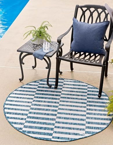Unique Loom Outdoor Striped Collection Area Rug - Striped (10' Round Blue/Ivory) by UniqueLoom