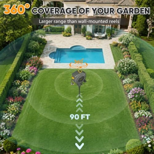 SILVEL Automatic Retractable Garden Hose Reel on Metal Spike, 1/2 in x 90FT Ground Mounted Outside, UV Resistant with 10 Pattern Nozzle, 360° Swivel, No Holes in Your House, Easy Installation, Yellow - Image 3
