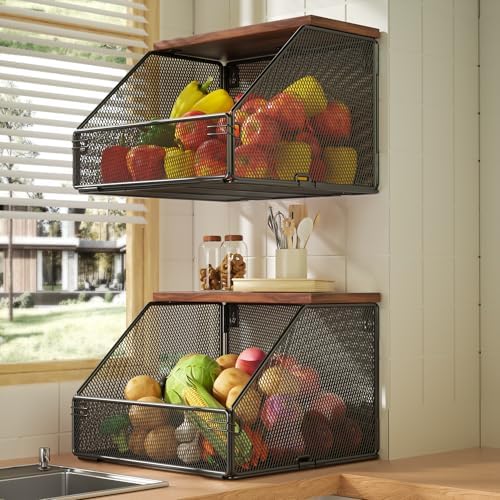 Stackable Fruit Basket for Kitchen Countertop Space Saving, Wall Mounted Mesh Metal Wire Basket with Wood Lid Extra Storage, 2 Pack Kitchen Counter Organizer for Snack, Onion and Potato Storage, Black by Litwaro