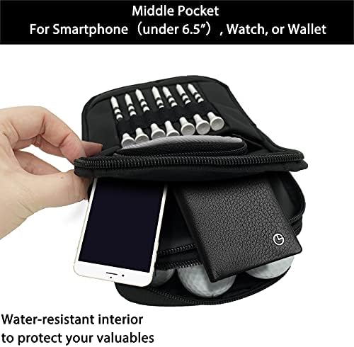 Golf Bag Pouch for Balls and Accessories | 3 Zipper Pockets | Detachable Clip | Store Up to 15 Balls | Front Tee Holder and 10 Bamboo Tees 3 1/4 in - Image 3