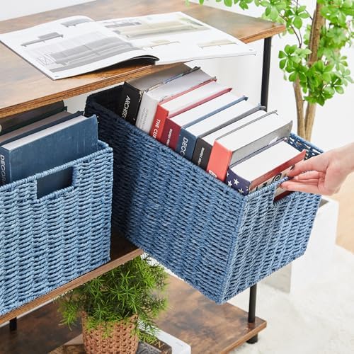 Vagusicc Wicker Storage Basket, Set of 2 Hand-Woven Paper Rope Wicker Basket, Small Storage Baskets for Organizing Toilet Paper Basket, Foldable Large Cube Storage Organizer Bins for Shelves (Blue) - Image 6