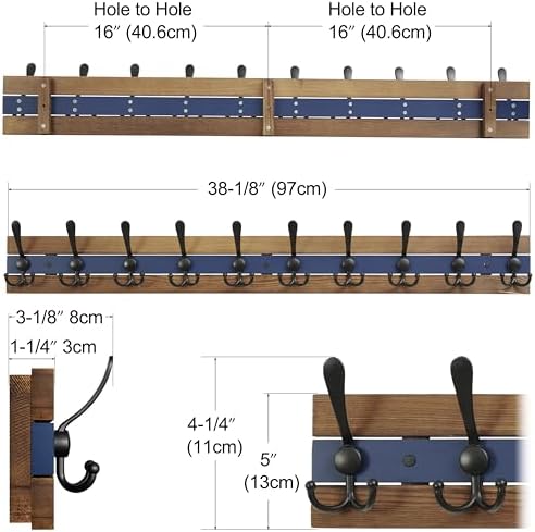 SKOLOO Rustic Wall Mounted Coat Rack - 38-1/8" Long Coat Hooks for Wall with 10 Triple Hooks for Hanging Coats, Hats or Tools, Western National Parks Collection, Wood Brown & Blue - Image 6