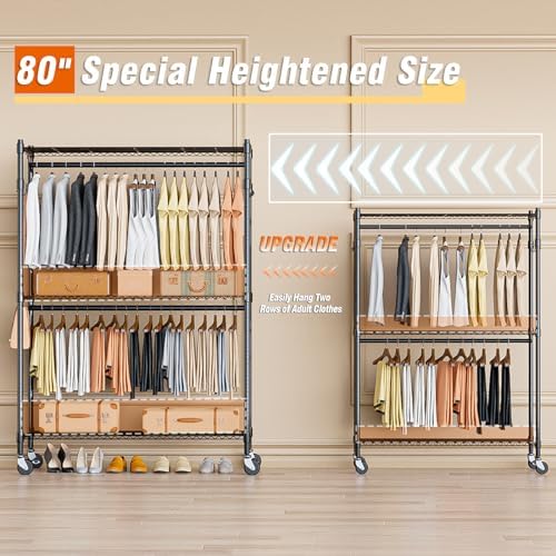 Homdox 3 Tier Heavy Duty Garment Rack with Wheels, Adjustable Wire Clothes Rack with Double Hanging Rods, Portable Closets for Hanging Clothes with Side Hooks, Black - Image 3