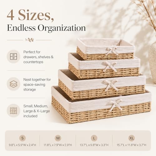 Baskets for Shelves Set of 4, Woven Paper Rope Storage, Khaki - Image 2