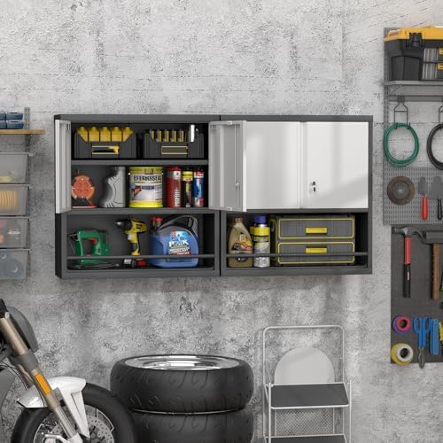 GREATMEET 31" H Metal Garage Storage Cabinets with Doors and Shelves, Lockable Storage Cabinet with Lock, Hanging Cabinets for Wall, Wall Mount Cabinet for Utility Room, Black&Grey - Image 2