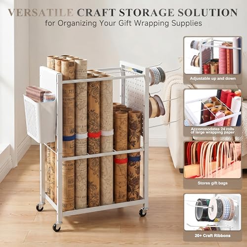 Adjustable Wrapping Paper Organizer Cart with Hooks & Slap Bands - Image 4