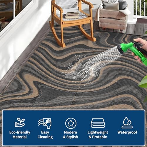 Garvee 9x12 Outdoor Rug Waterproof Camping Rugs for Outside Your RV, Brown - Image 5