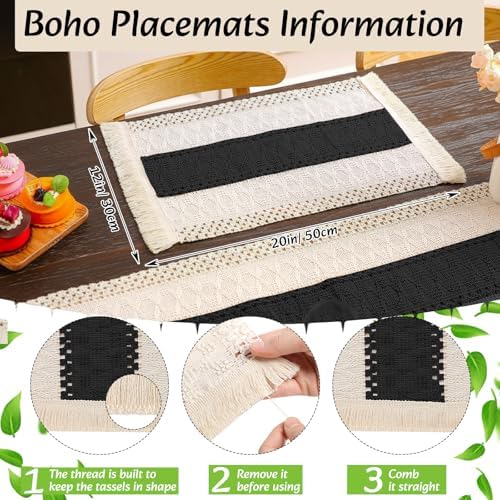 6 Sets Boho Placemat Table Runner Napkin Rings, Black, 12x72 - Image 3