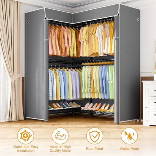 ULIFHOME E15C Garment Rack L Shaped Clothes Rack for Corner，Freestanding Clothing Racks for Hanging Clothes，Heavy Duty Closet Organizer 43.4"W x 15.8"D x 78.4"H，Black Rack with Grey Dustproof Cover - Image 4