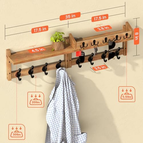 35'' Brown Coat Rack Wall Mount with Shelf, Solid Wood Coat and Key Hanger with 13 Metal Hooks, Farmhouse Wall Organizer for Mail, Entryway Wall Hangers for Hats, Clothes, Backpacks, Mudroom - Image 3