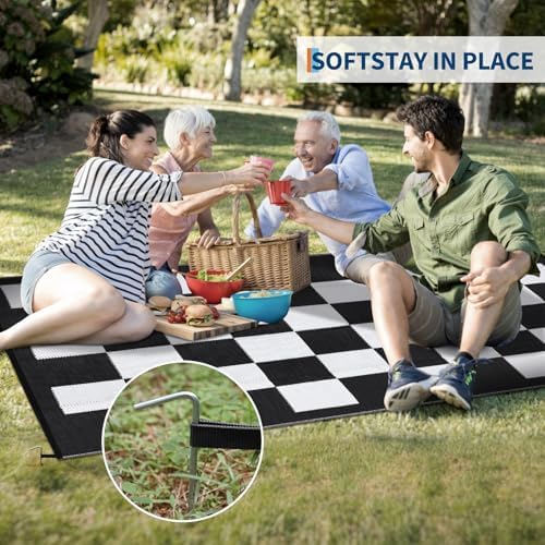 GarveeHome Outdoor Rug 8 x 10 Waterproof Checkboard Woven Carpet, Large Reversible Plastic Straw Rug, Foldable Modern Geometric Plaid Outside Camping Rug for Picnic, Backyard, Deck, Black White - Image 6