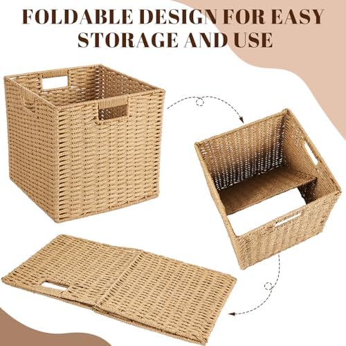 Newtay 6 Pcs Wicker Storage Baskets 11.8 x 11.8 in Cube Storage Bin Organizer Camel Square Foldable Wicker Baskets for Shelves Organizing Decor Laundry Pantry Toys - Image 3