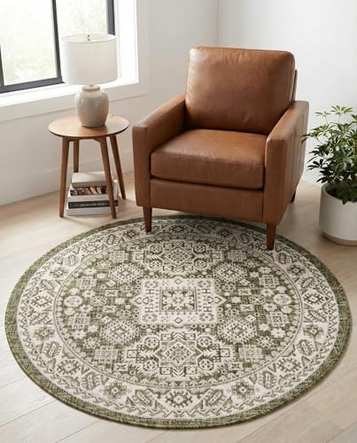 Rugs.com - Outdoor Aztec Rug – 4 Ft Round Green Indoor/Outdoor Rug – Washable Flatweave Tribal Design for Patios, Decks, and Porches - Image 5