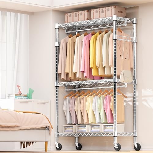 M MZG Heavy Duty Rolling Garment Rack 3 Tiers Adjustable Wire Shelving Clothes Rack with 2 Rods and Side Hooks, Storage Closet Clothing Rack with Wheels Chrome 17.7" D x 47.2" W x 83.6" H - Image 5