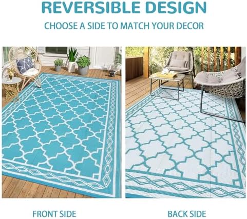 GlowSol Reversible Outdoor Rug 9x12 ft Clearance, Waterproof Outdoor Plastic Straw Rug with Carry Bag, Modern Geometric Patio Rug,RV Mat for Porch,Deck,Backyard,Camping,Balcony,Deck,Backyard,Blue - Image 4