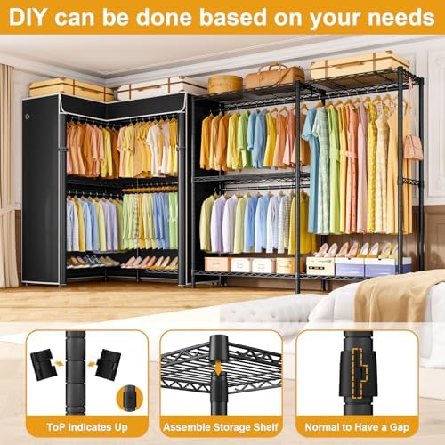 ULIFHOME E15C Garment Rack L Shaped Clothes Rack for Corner，Freestanding Clothing Racks for Hanging Clothes，Heavy Duty Closet Organizer 43.4"W x 15.8"D x 78.4"H，Black Rack with Black Dustproof Cover - Image 6